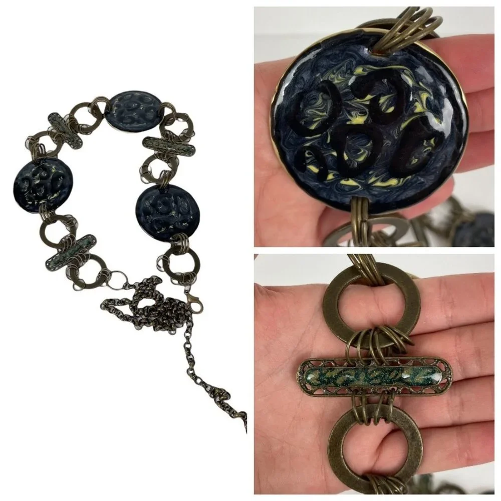 1980's Resin Medallion Chain Waist‎ Adjustable Belt Blue Green Brassy Gold